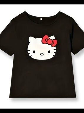 🆕 Women’s Plus Size Black Hello Kitty T-Shirt with White Cat Face and Red Bow